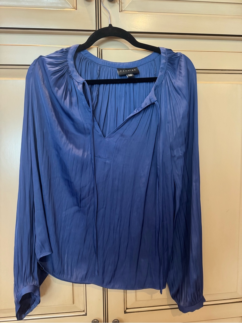 Vince Periwinkle Pleated V-Neck Long-Sleeve Blouse